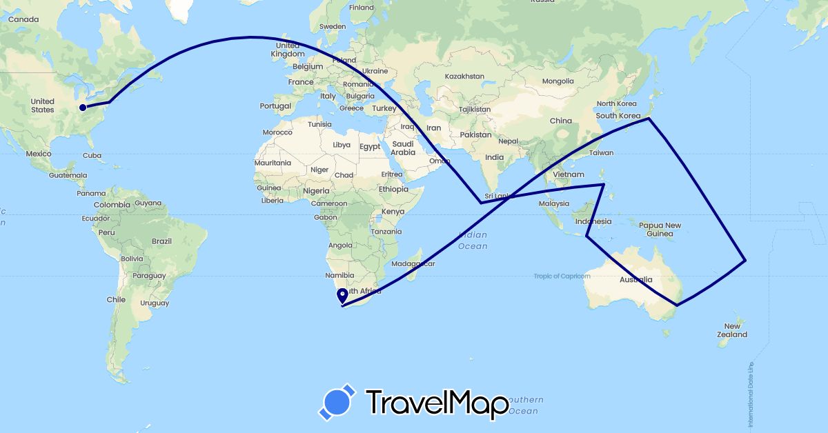 TravelMap itinerary: driving in United Arab Emirates, Australia, Fiji, Indonesia, Japan, Maldives, Philippines, United States, South Africa (Africa, Asia, North America, Oceania)
